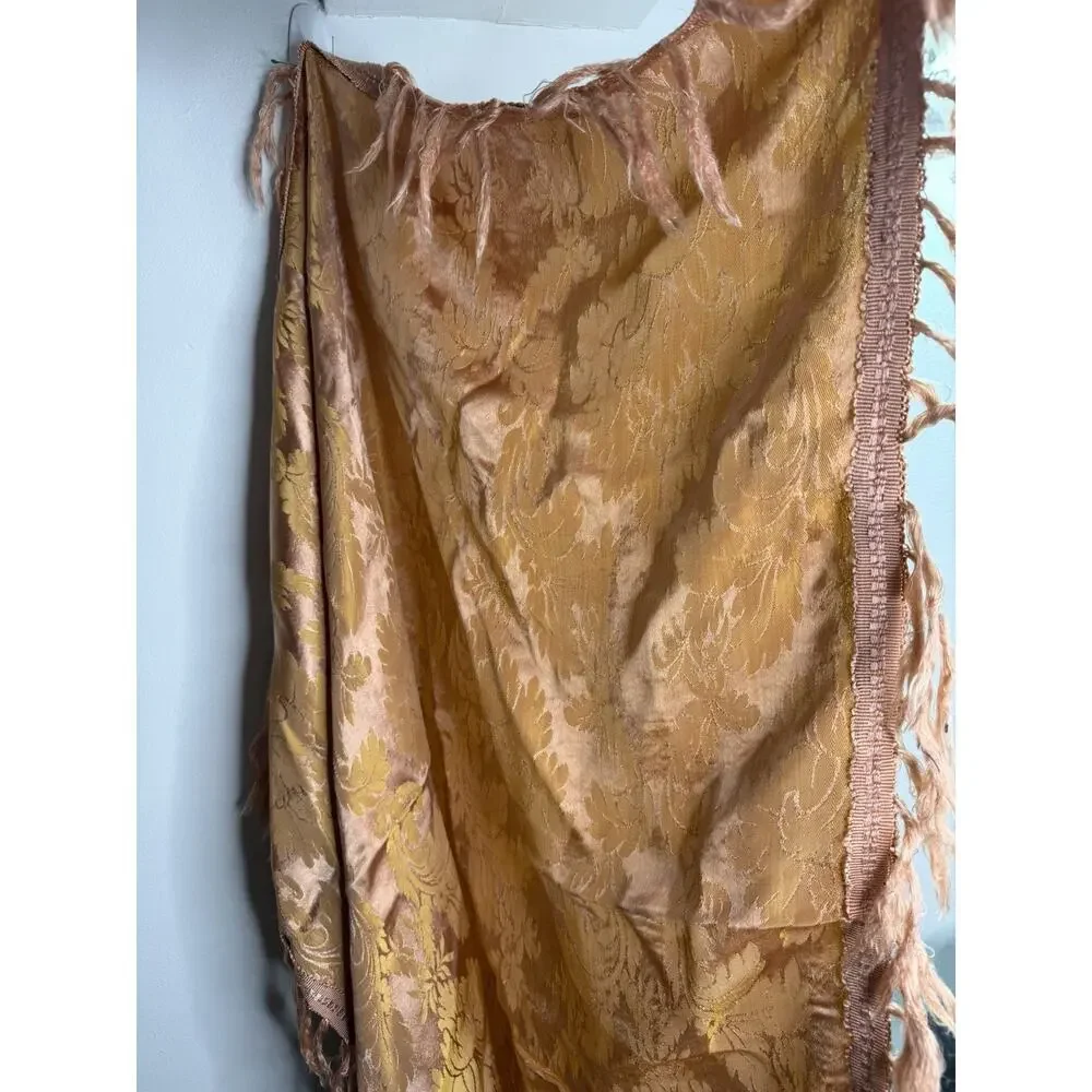 Antique Brocade Fringed Floral Piano Scarf Shawl Silk Tapestry Pink Yellow VTG_4